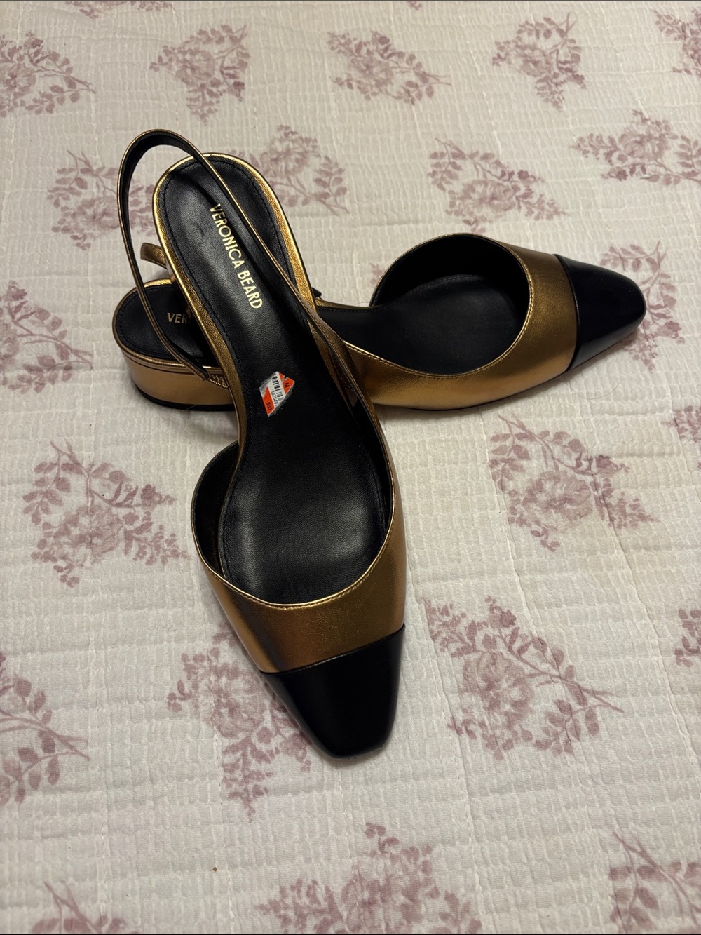 Veronica Beard Gold and Black Cap-Toe Slingback Flats